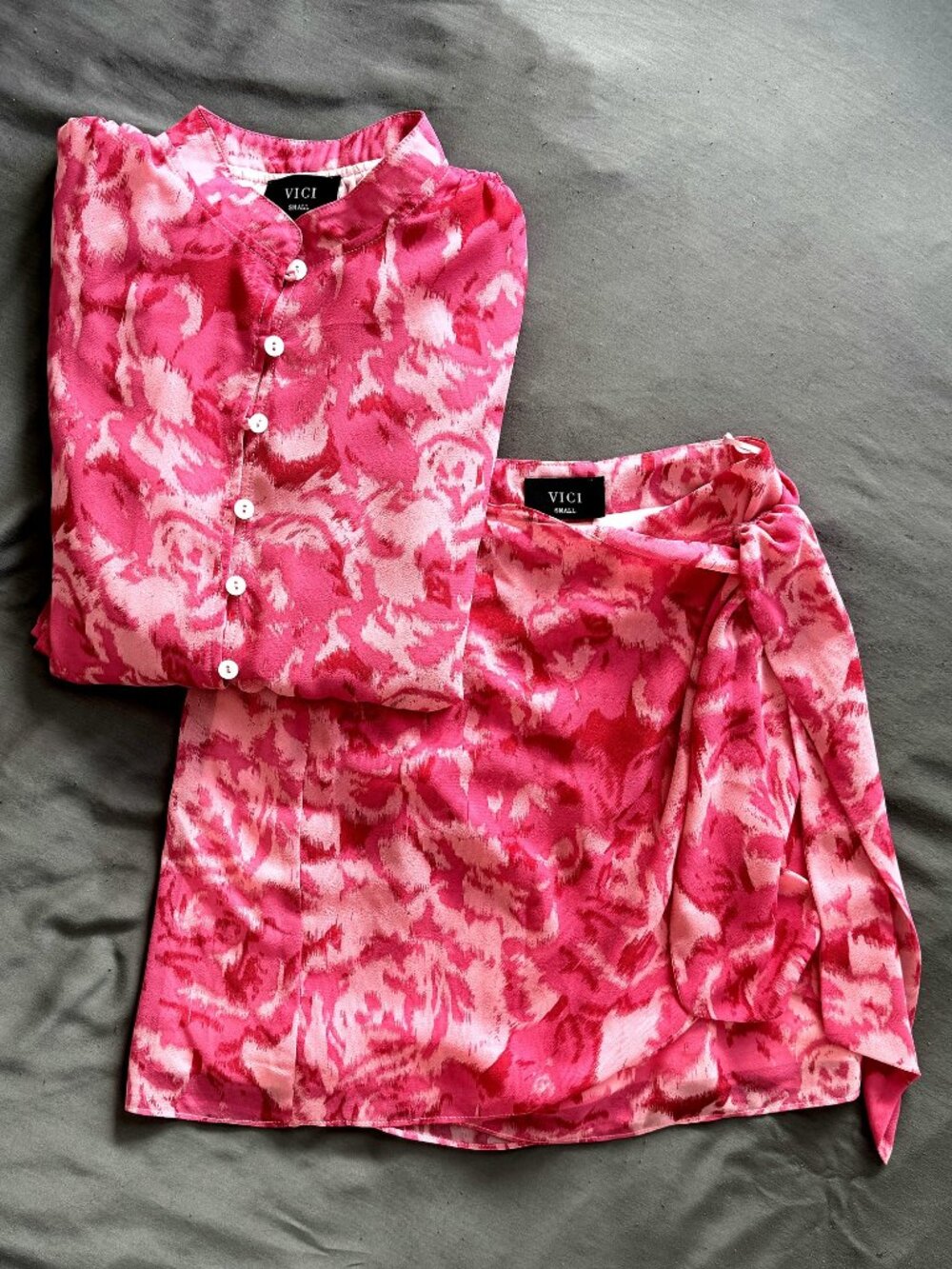 VICI Hot Pink Rose Ikat Print Two Piece Set Wrap Skirt Blouse Women's S